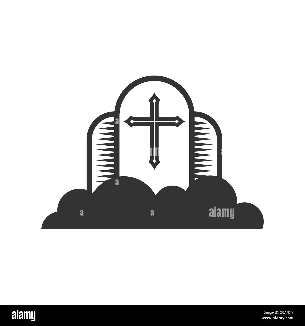 Christliche Illustration. Kirchenlogo. Kreuz des Herrn Jesus Christus vor dem Hintergrund der Wolken, dem Reich Gottes. Stock Vektor