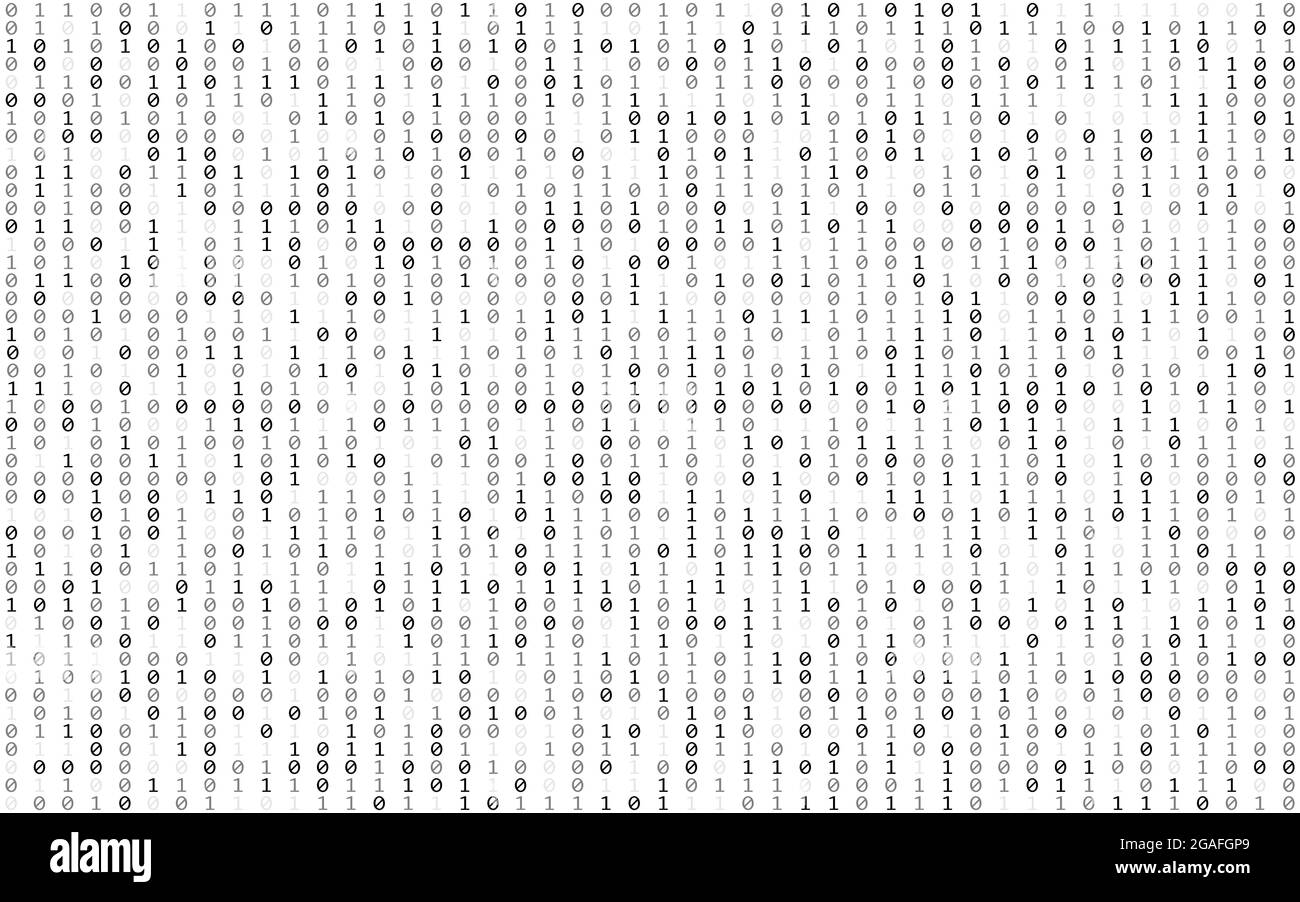Binärcode weiß. Matrix Hintergrund mit fallenden Zahlen. Abstrakte fallende Ziffern. Datenstrom vor weißem Hintergrund. Null- und eine-Zahl. Vektor Stock Vektor