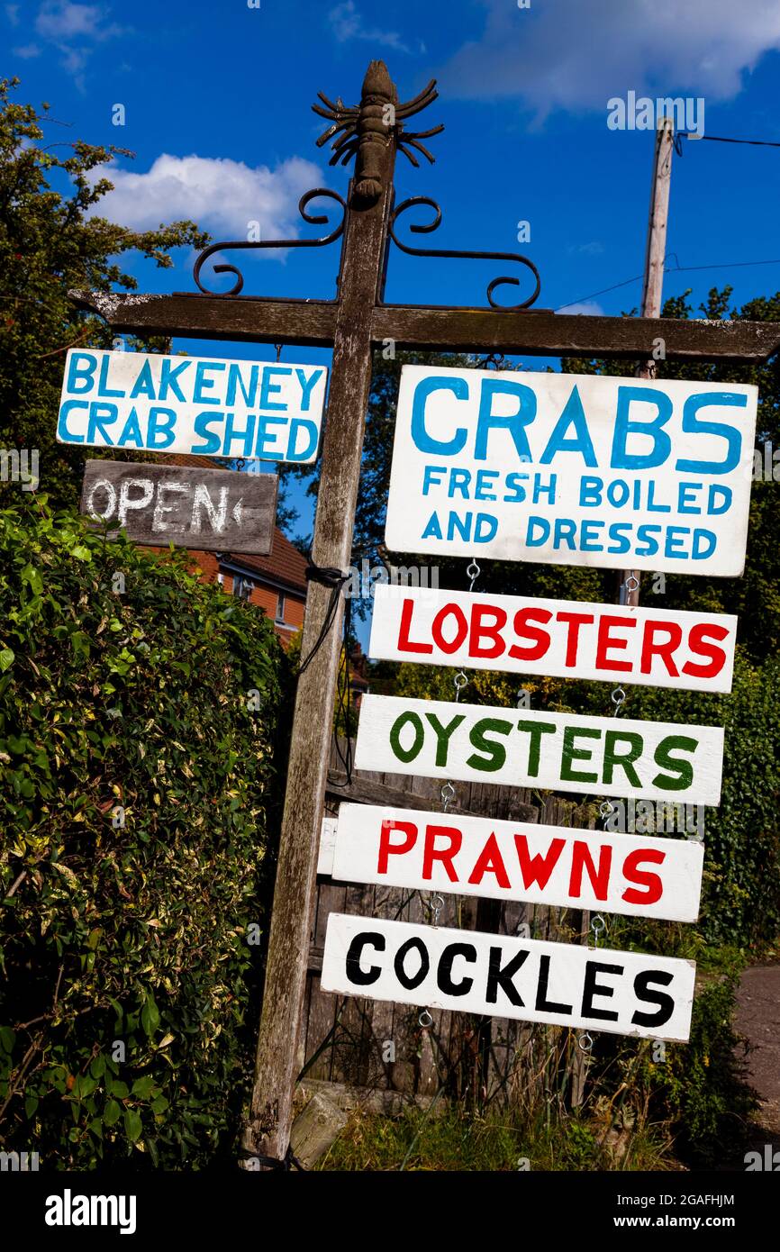 Ein Schild am Straßenrand, das Schalentiere zum Verkauf bei Blakeney Crab Shed, Blakeney, Norfolk, Großbritannien, anwirbt Stockfoto