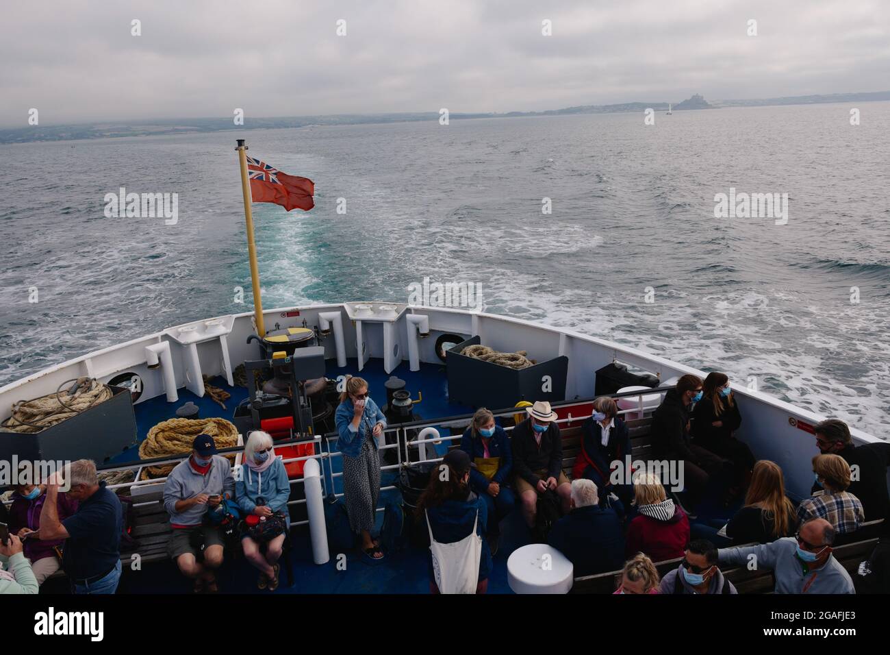 An Bord der Fähre Scillonian III, die Penzance von den Inseln Scilly, Cornwall, England, Großbritannien, im Juli 2021 erreicht Stockfoto