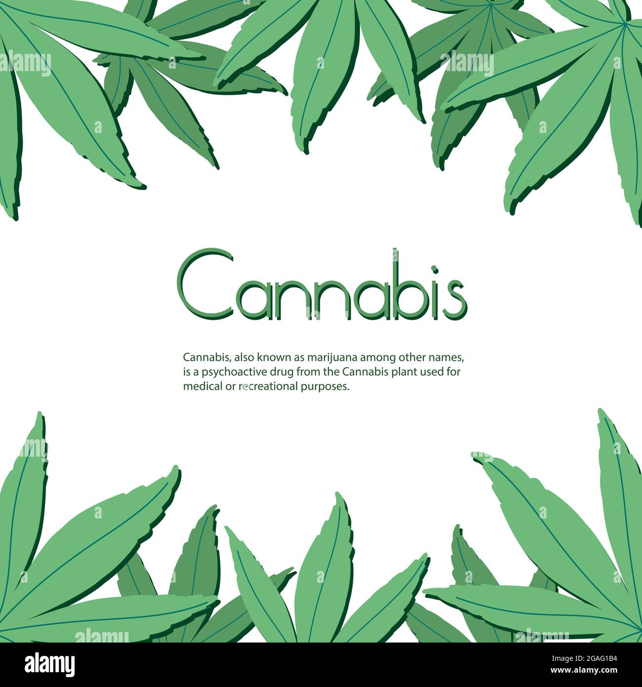 Stilvoller Rahmen aus Hanfblättern. Flaches Marihuana-Design. Isoliert auf weißem Hintergrund. Stock Vektor
