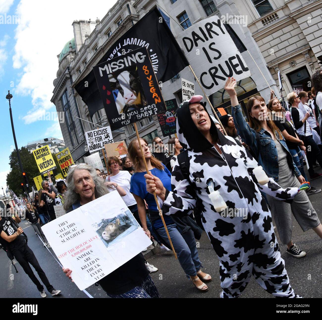 The Official Animal Rights March, London, 2018. Vegane Aktivisten marschieren am 25. August 2018 durch die britische Hauptstadt und protestieren gegen Tierquälerei. Stockfoto