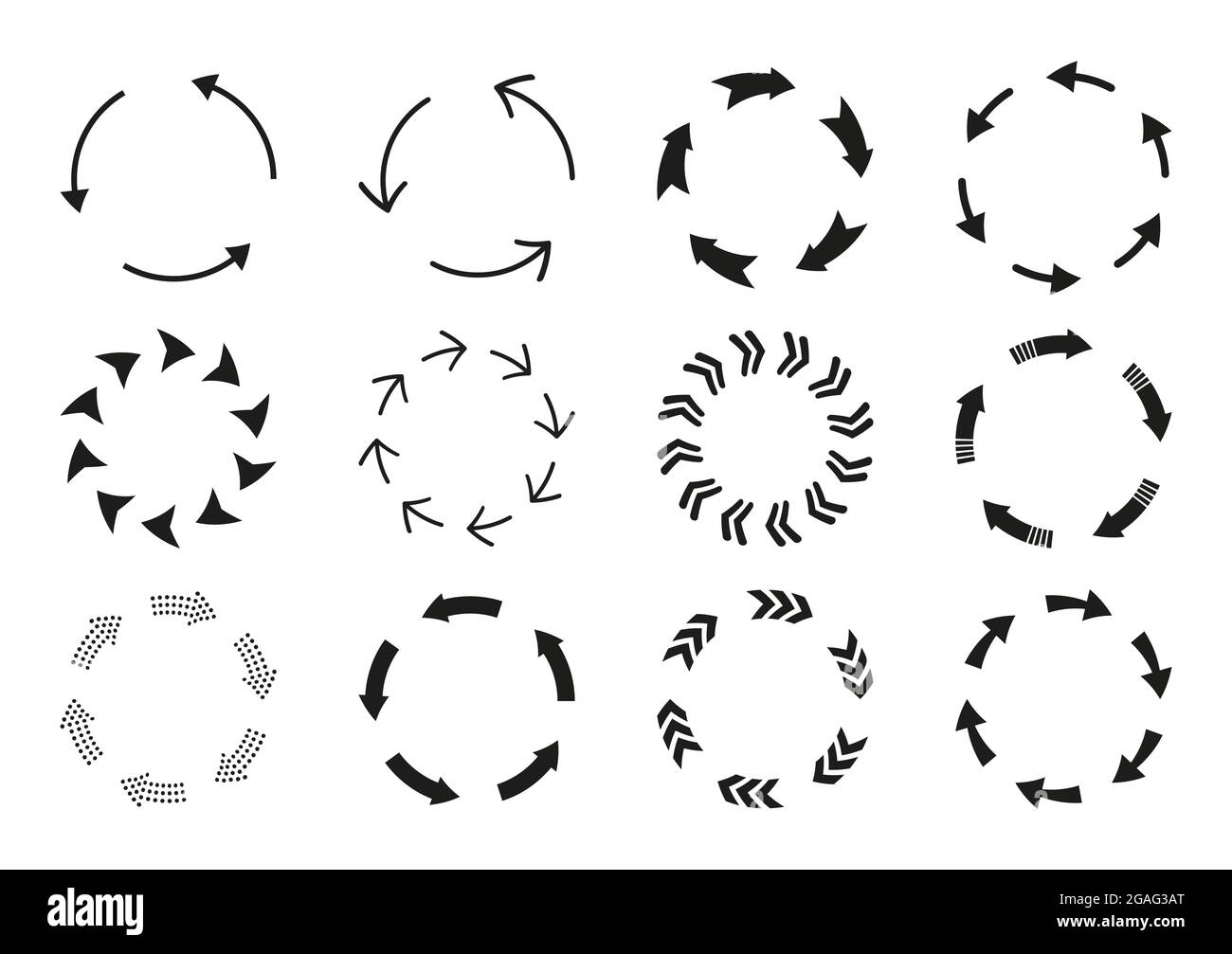 Kreisförmige Pfeile Silhouette schwarze Farbe, verschiedene Dicke. Lade-und Recycling-Symbol. Loop Refresh Reload und Drehzeichen gesetzt. Infografik Design-Elemente, Geschäftsstrategie Statistiken Diagramme Stock Vektor