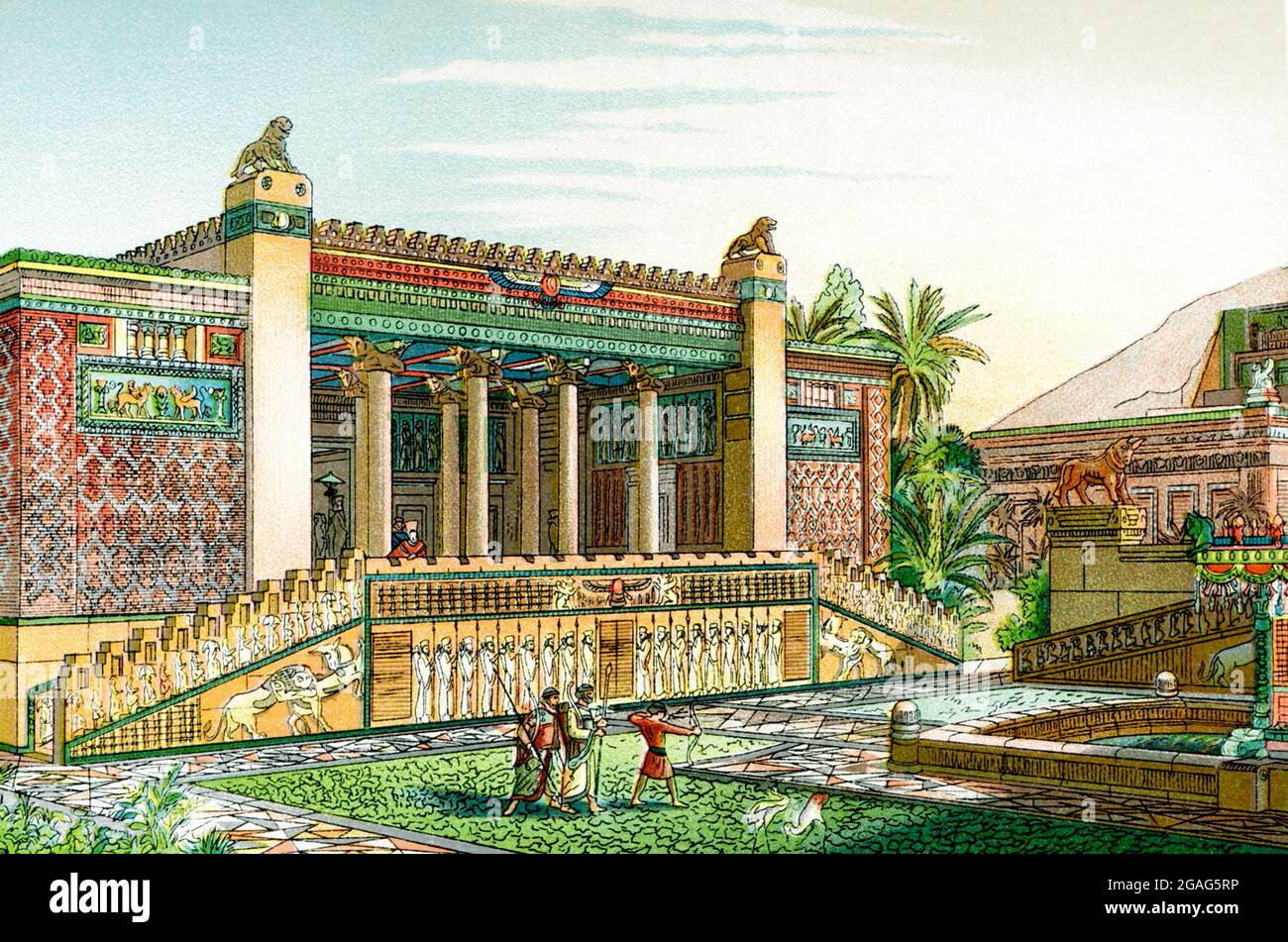 Die Bildunterschrift auf diesem Bild von 1903 lautet: Fassade des Darius-Palastes in Persepolis. Es erschien im Buch History of Egypt des französischen Ägyptologen Gaston Maspero. Darius war der Name von drei bekannten Königen von Persien. Darius I. oder Darius der große, stand an der Spitze der Perserkriege, die Griechenland fast erobert haben. Das Reich von Darius III (gestorben 330 B.C.) fiel zu Alexander dem Großen. In diesem Bild ist der Name Darius geschrieben in Keilschrift Zeichen, in der persischen, skythischen und babylonischen Alphabete. Stockfoto