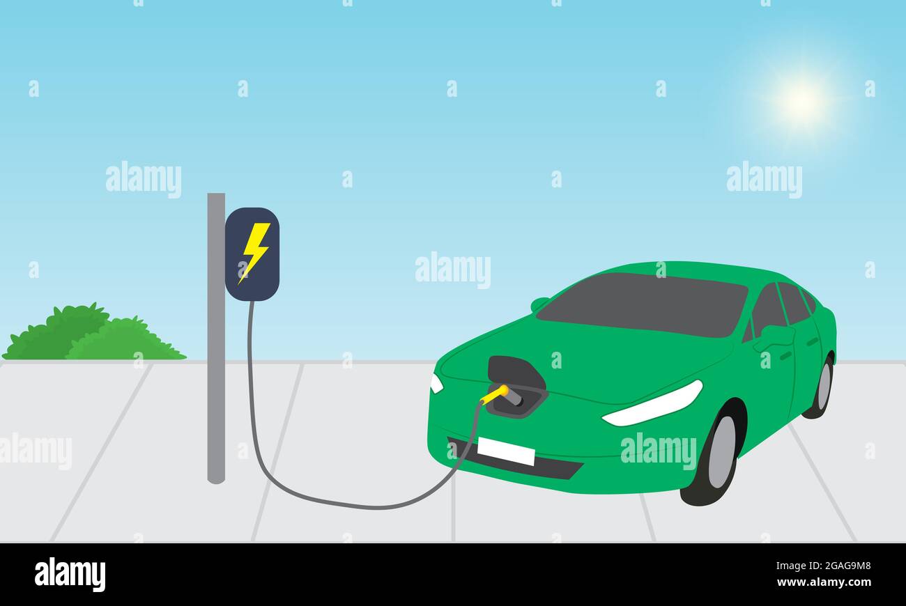 Elektroauto wird im Kraftwerk aufgeladen Stock Vektor