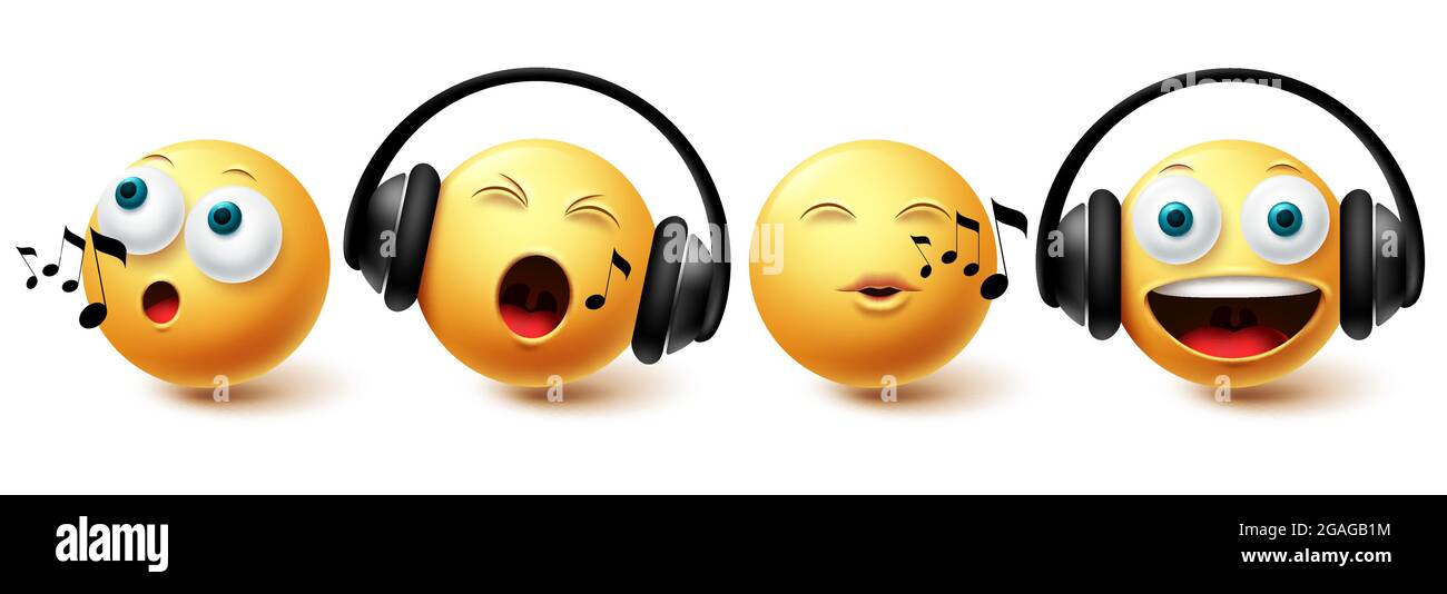 Smiley-Musik-Emoji-Vektorset. Smileys-Emoticon mit Kopfhörern, die für das Singen und Hören von Symbolen auf weißem Hintergrund isoliert sind, sorgt für grafisches Design Stock Vektor