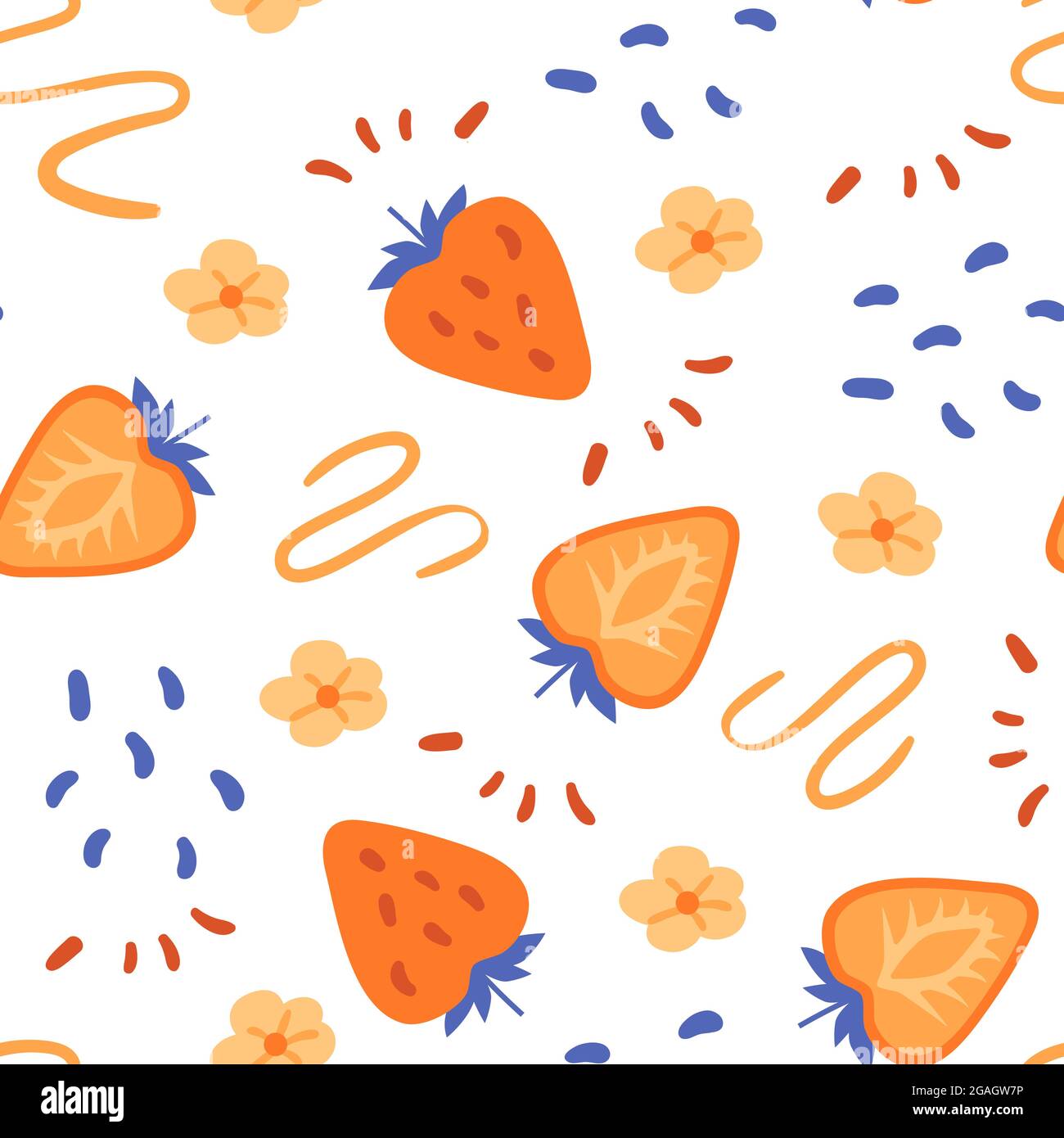 Naive orange Erdbeere nahtloses Muster. Von Hand gezeichnete Linien und Kritzeleien. Pastellstruktur in flacher Form. Stock Vektor