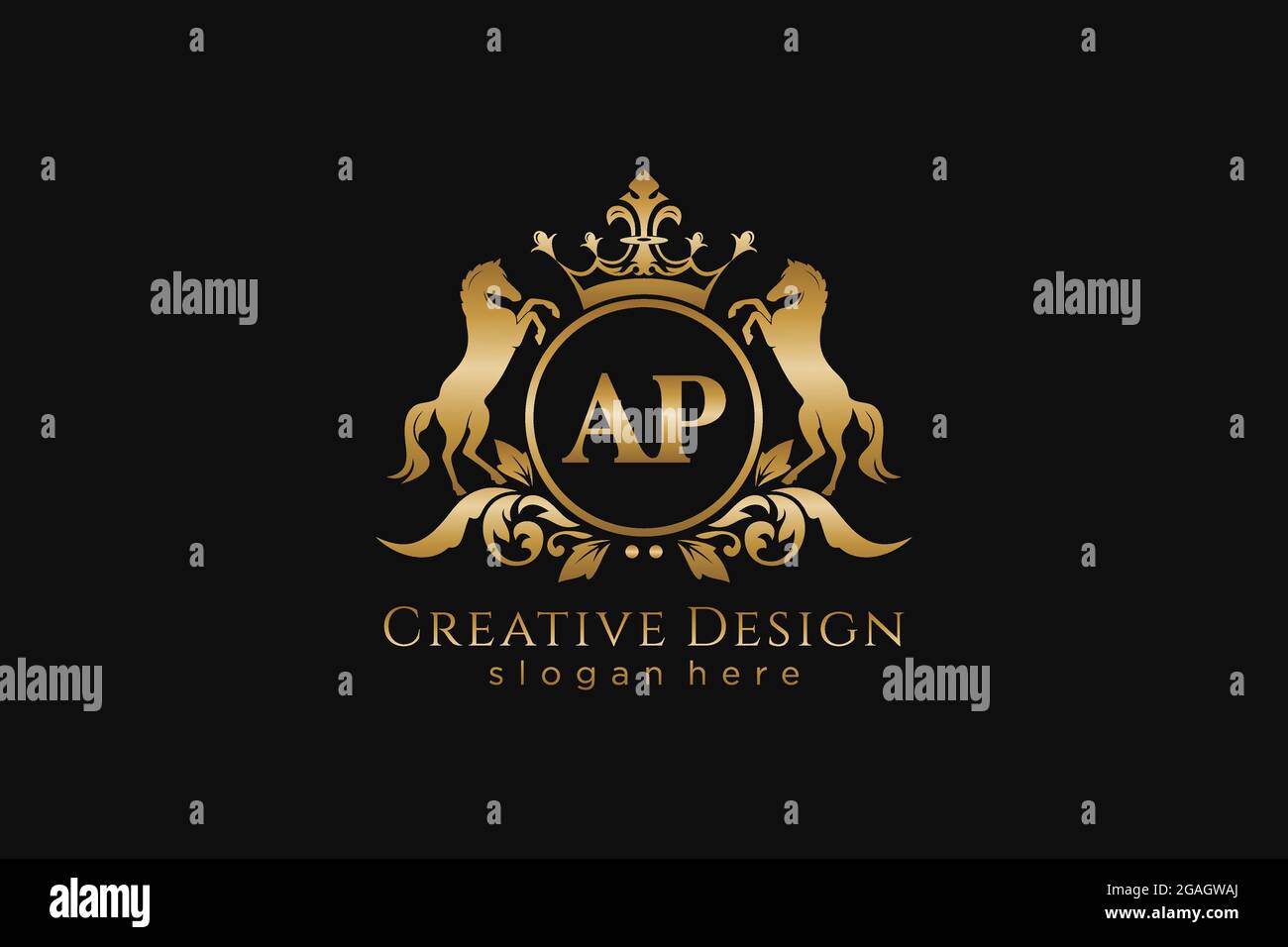 AP Retro goldenes Wappen mit Kreis und zwei Pferden, Badge-Vorlage mit Rollen und königlicher Krone - perfekt für luxuriöse Branding-Projekte Stock Vektor
