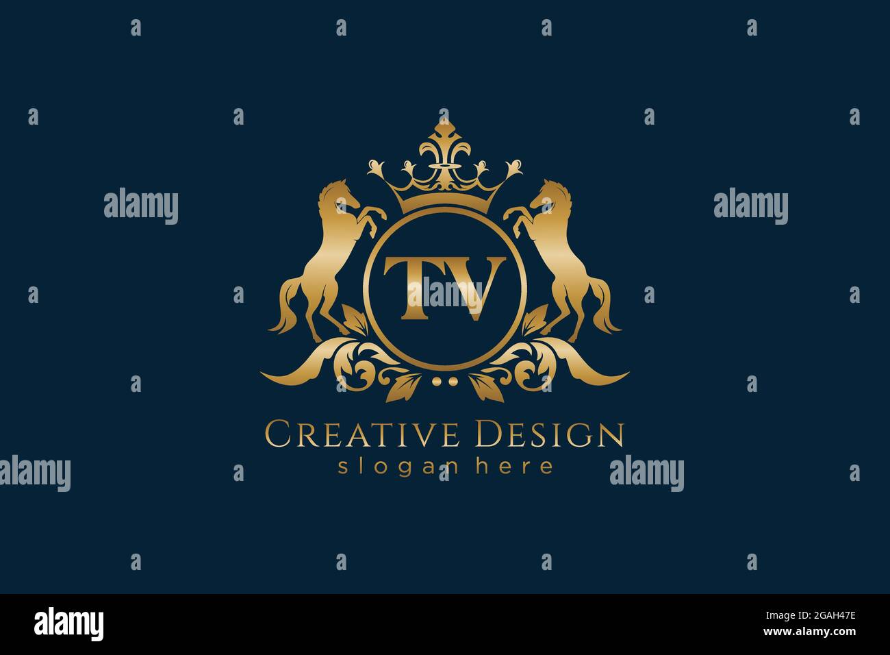 TV Retro goldenes Wappen mit Kreis und zwei Pferden, Badge-Vorlage mit Rollen und königlicher Krone - perfekt für luxuriöse Branding-Projekte Stock Vektor