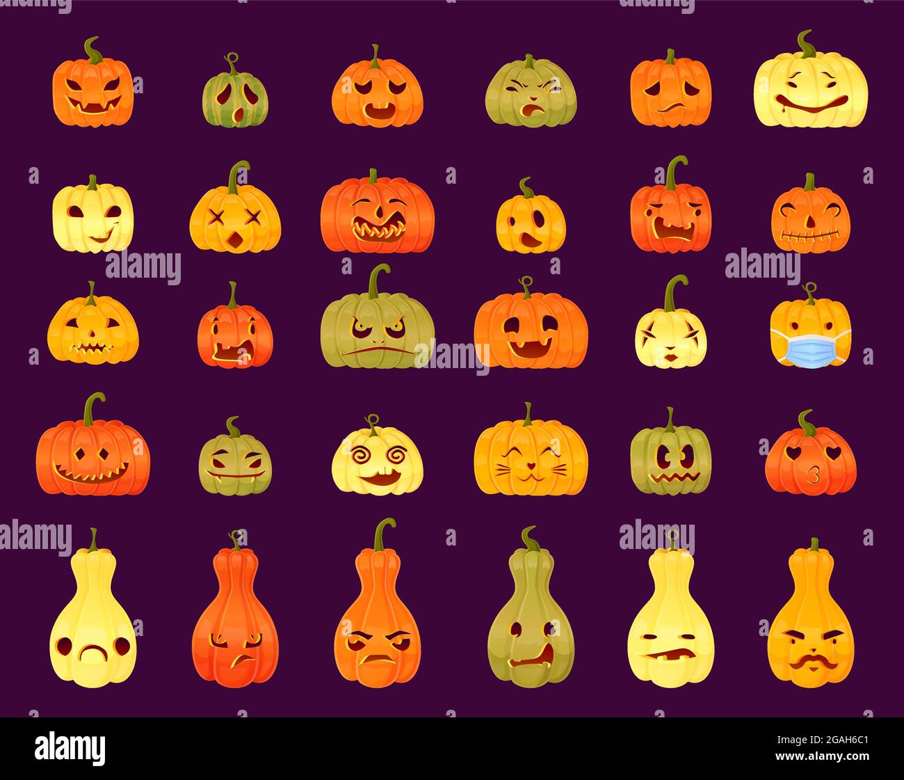 Satz von verschiedenen Jack-o-Laterne Gesichtern-Ausdrücken. Halloween Party Kürbis Schnitzerei auf lila Hintergrund. Stock Vektor
