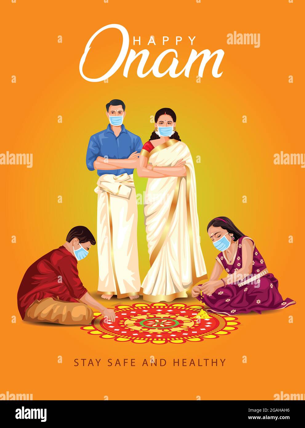 Happy onam Grüße Vektor Illustration. Illustration von Kindern, die Pookalam für die Familie. corona Virus covid-19 Konzept Stock Vektor