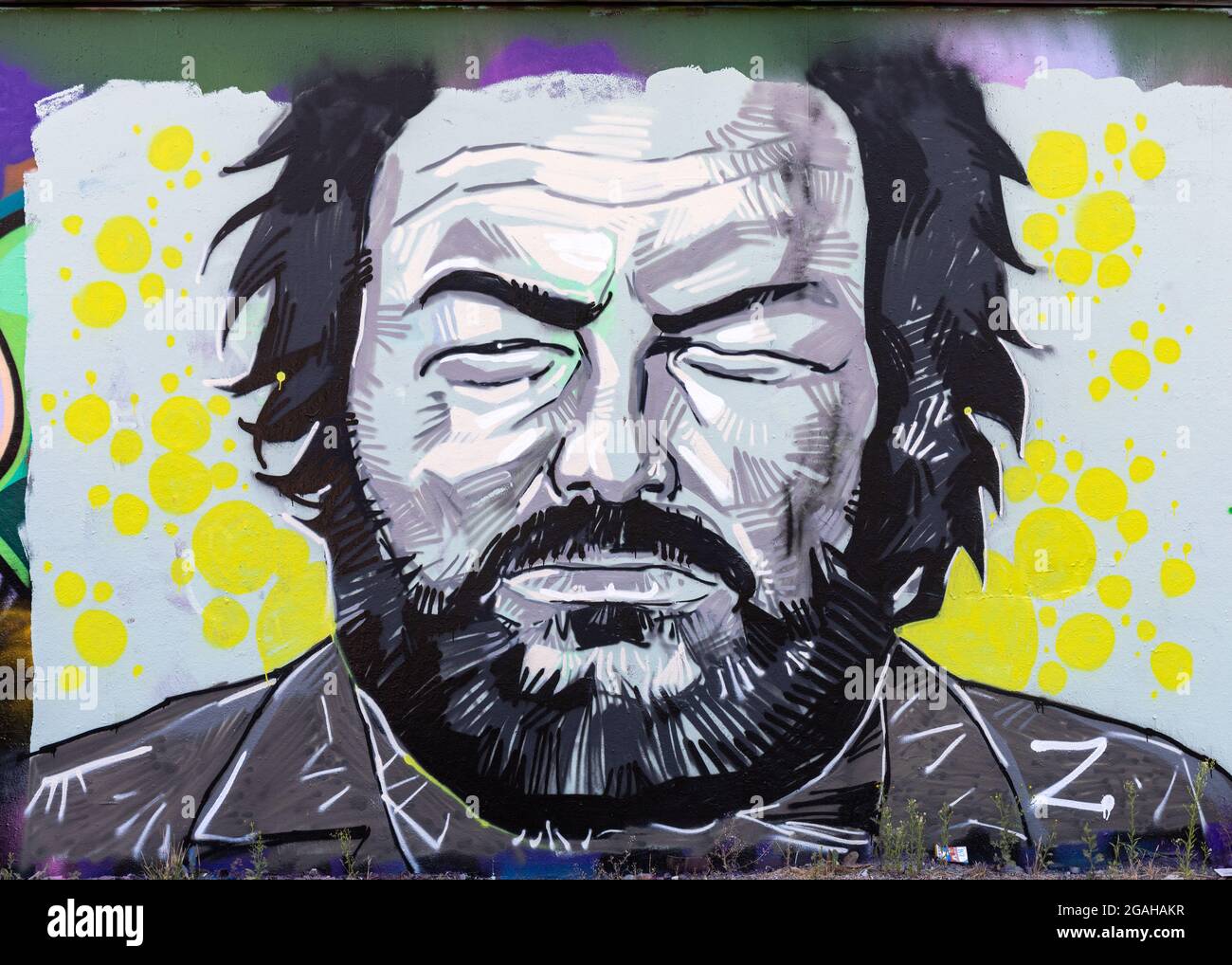 Bud Spencer Wandbild Graffiti auf Suvilahti Graffiti Wand in Helsinki, Finnland Stockfoto