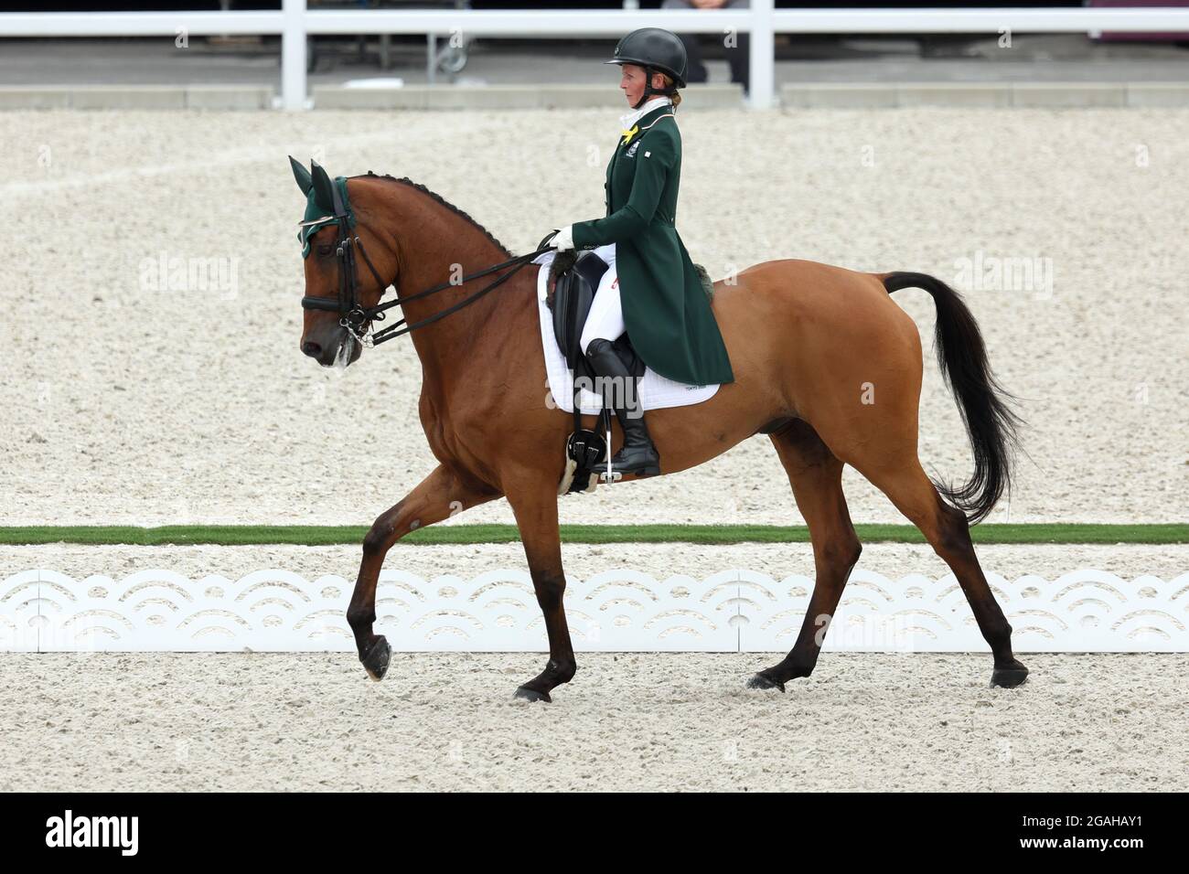 Tokio, Japan. Juli 2021. Pferdesport/Eventing: Olympic, Preliminary, Individual, Dressage, Baji Koen Equestrian Park. Sarah Ennis aus Irland auf Woodcourt Garrison in Aktion. Quelle: Friso Gentsch/dpa/Alamy Live News Stockfoto