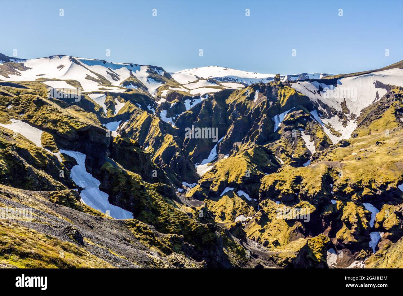 Zerklüftete Hochlandlandschaft der Thorsmoerk Gegend, Island Stockfoto