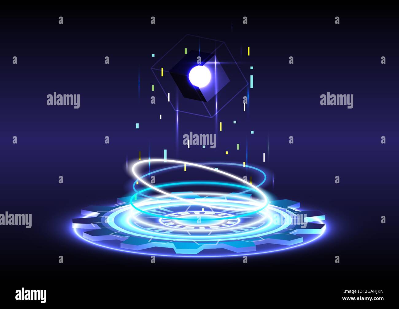 Abstrakter Hintergrund. Portal und Hologramm Wissenschaft futuristisch. Digitaler Hi-Tech-Projektor Sci-Fi in leuchtendem HUD-Format. Magisches Tor in der Spielfantasie. Kreis-Tele Stock Vektor