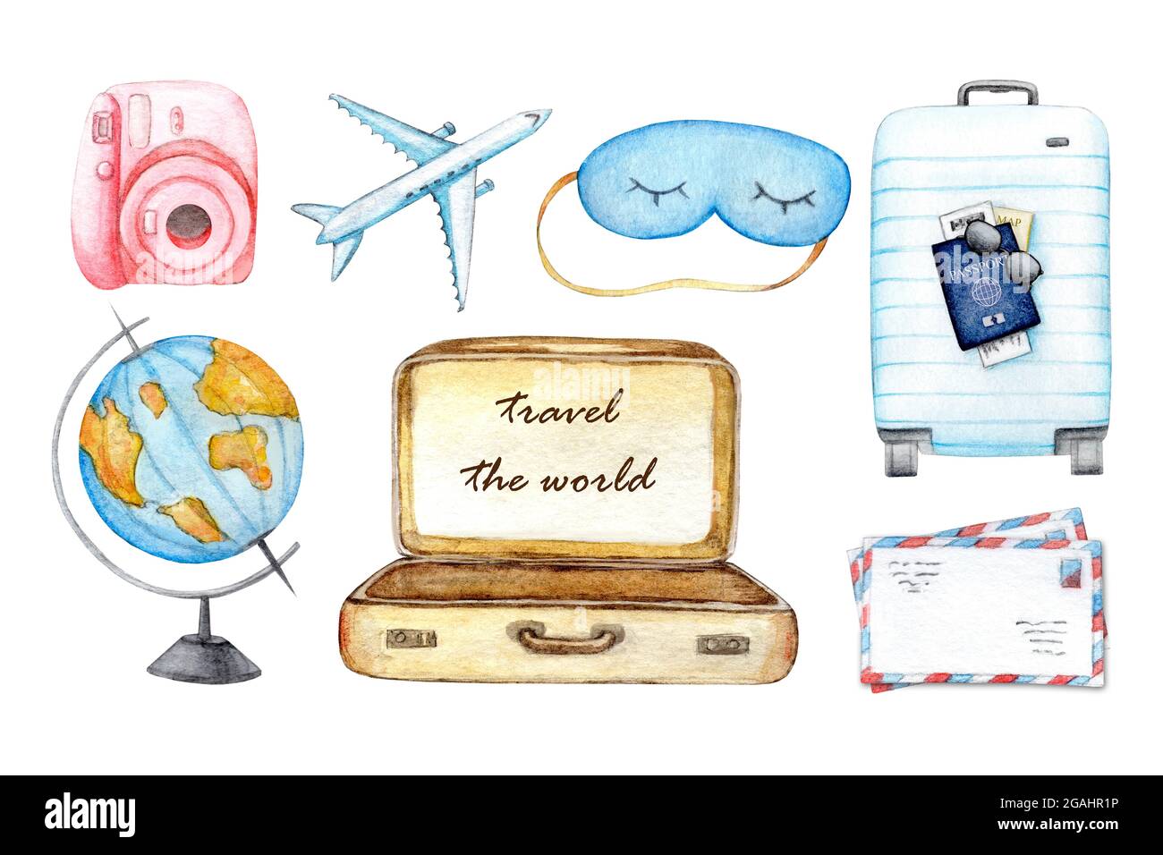 Reise-Set von Symbolen mit Flugzeug, dem Globus, Koffer, Schlafmaske, Kamera, Urlaub und Erholung. Aquarell-Handzeichentillustration für den Tourismus-Tag auf weißem, isoliertem Hintergrund. Instagram-Symbole Stockfoto