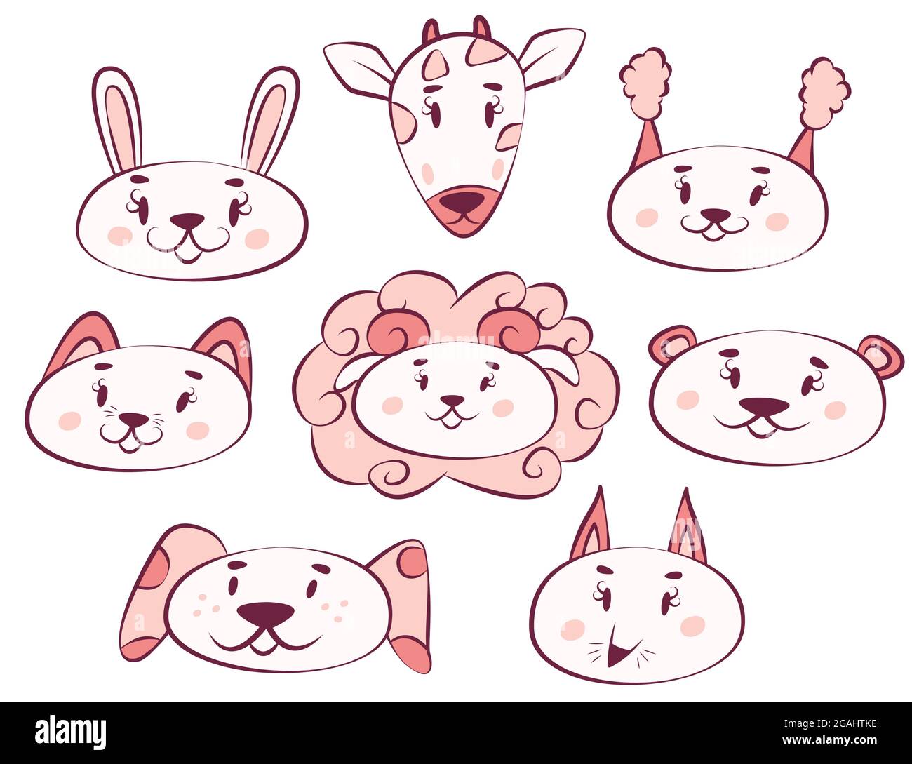 Set mit niedlichen und lustigen Gesichtern von verschiedenen Tieren. Coole Kawaii Cartoon Prints für T-Shirts, Rucksäcke, Bezüge, Tassen. Bild für Verpackung, Logo Stock Vektor