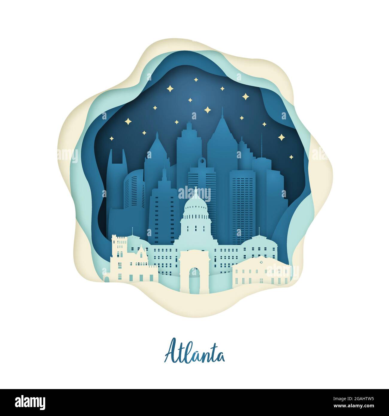 Papierkunst-Illustration von Atlanta. Origami-Konzept. Nächtliche Stadt mit Sternen. Vektorgrafik. Stock Vektor