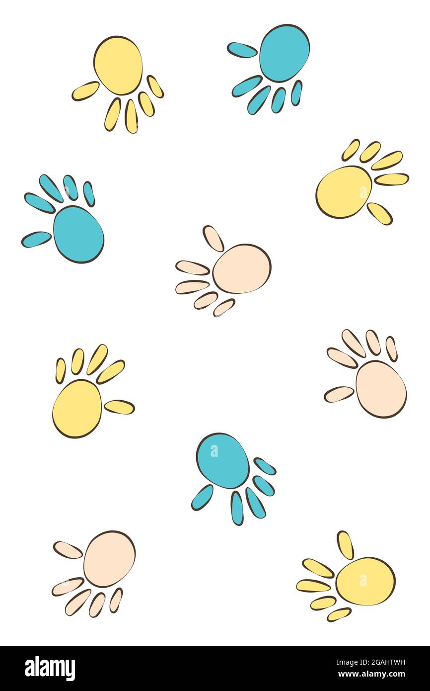 Hände eines Babys oder Kindes in blauer und gelber Farbe. Handdrucke an der Wand. Niedliches gemütliches Poster für Baby- und Kinderzimmer. Geschenkgutschein für Babydusche. Stock Vektor