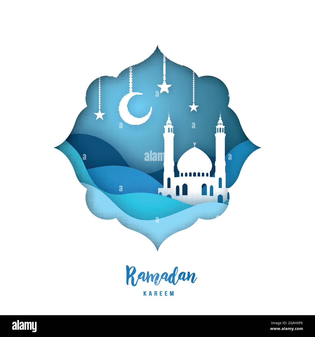 Ramadan Kareem-Illustration mit arabischer Origami-Moschee, Halbmond und Sternen. Papierschnitt. Vektorhintergrund. Stock Vektor