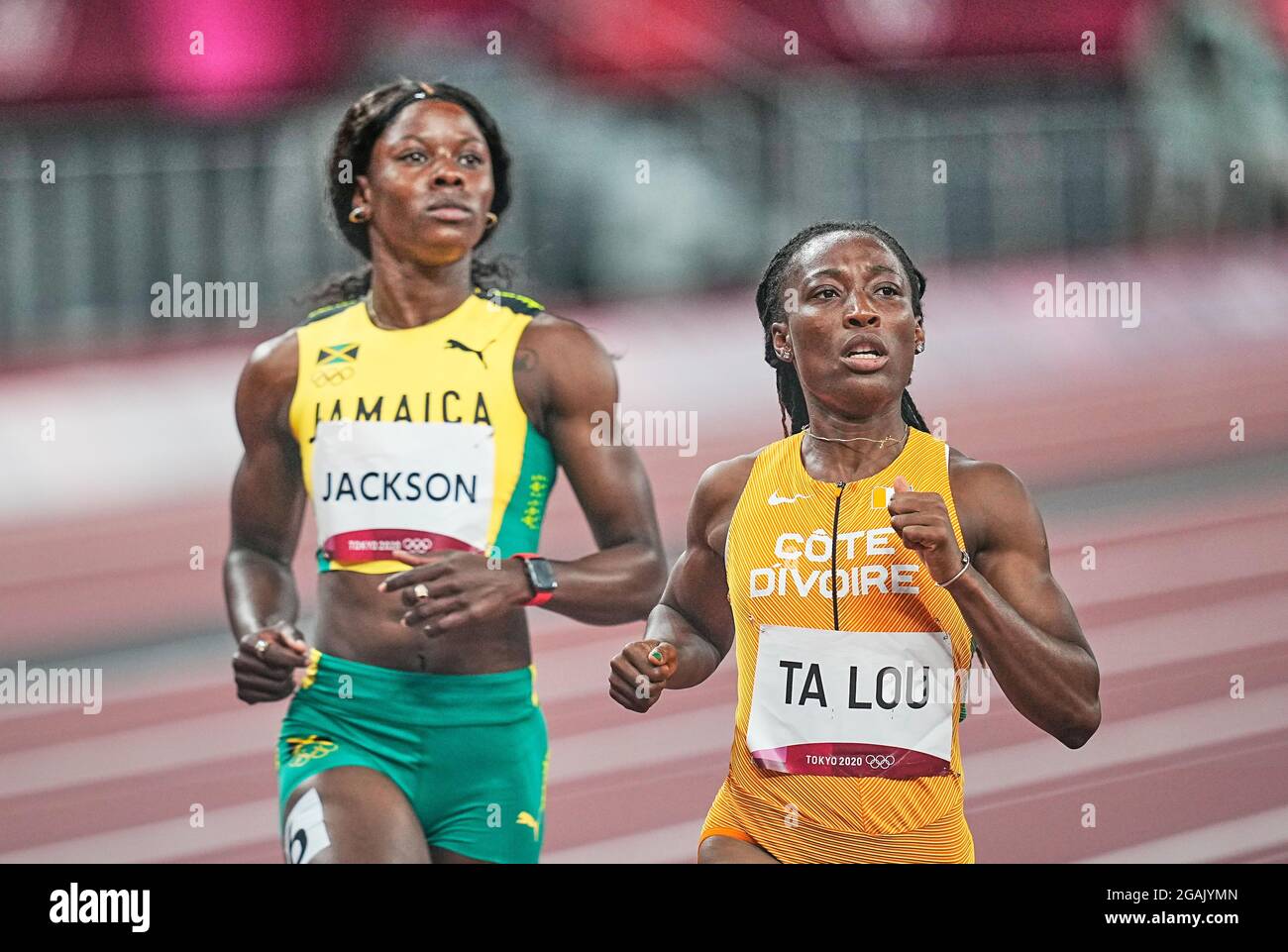 31. Juli 2021: Marie-Josee Ta Lou während 100 Meter für Frauen bei den Olympischen Spielen in Tokio, Olympiastadion in Tokio, Tokio, Japan}. Kim Price/CSM Stockfoto