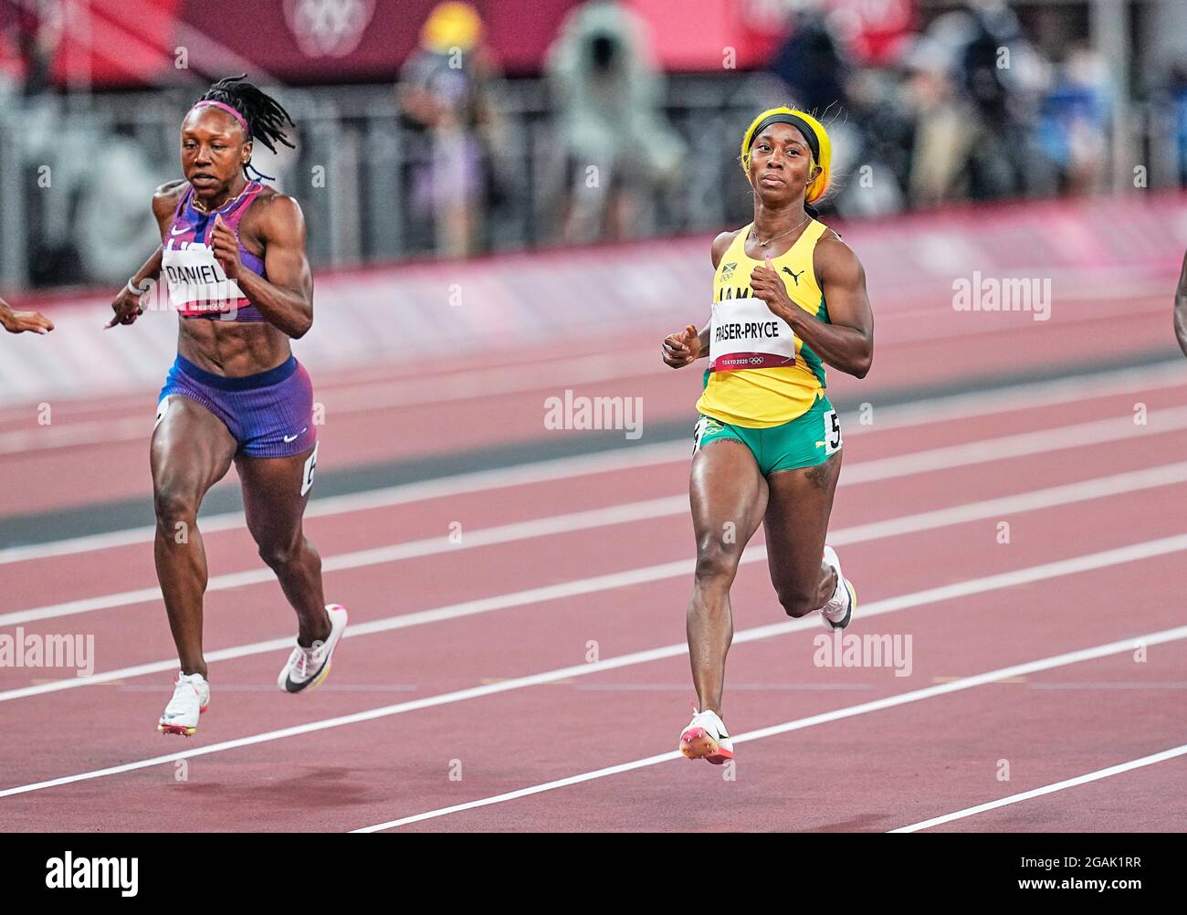 31. Juli 2021: Shelly-Ann Fraser-Pryce während 100 Meter für Frauen bei den Olympischen Spielen in Tokio, Olympiastadion in Tokio, Tokio, Japan}. Kim Price/CSM Stockfoto