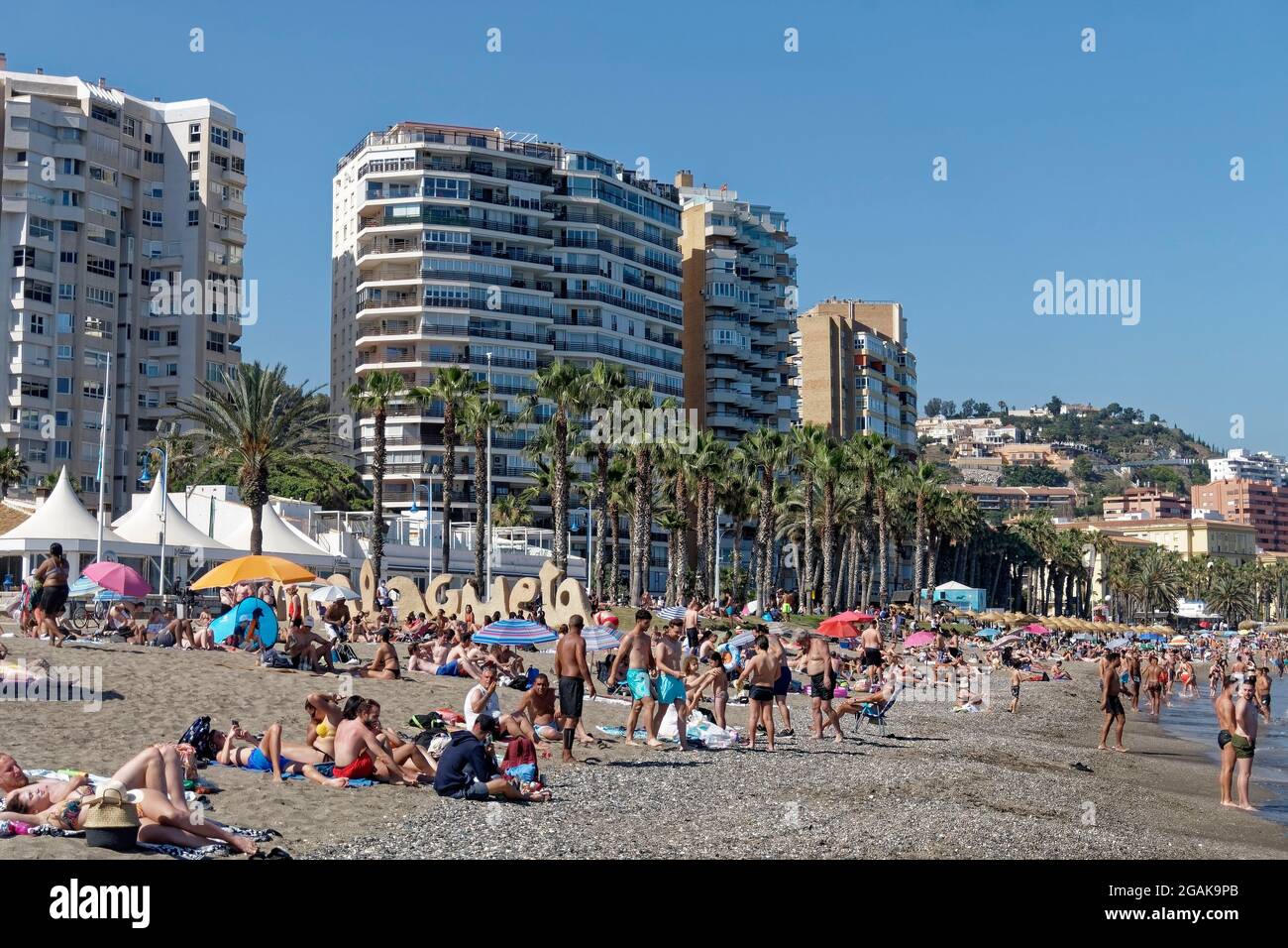 Sandstrand Malaga, Costa del Sol, Provinz Malaga, Andalusien, Spanien, Europa, Stockfoto