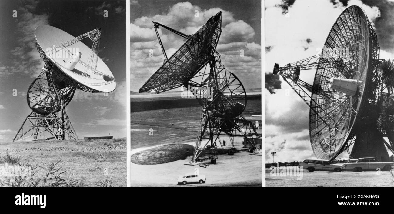 Zusammengesetztes Foto von drei Antennen mit einem Durchmesser von 26 Metern, die für den Empfang von Fotos der Mondoberfläche von der Lunar Orbiter-Sonde verwendet werden. Das Hotel liegt (von l-r) in Madrid, Spanien, Woomera, Australien und Goldstone, CA, Die Antennen sind Teil des Deep Space Network der NASA und haben die Aufgabe, mögliche Landeplätze für Apollo-Astronauten, Cape Kennedy, FL, 1966, zu lokalisieren. (Fotos von NASA/RBM Vintage Images) Stockfoto
