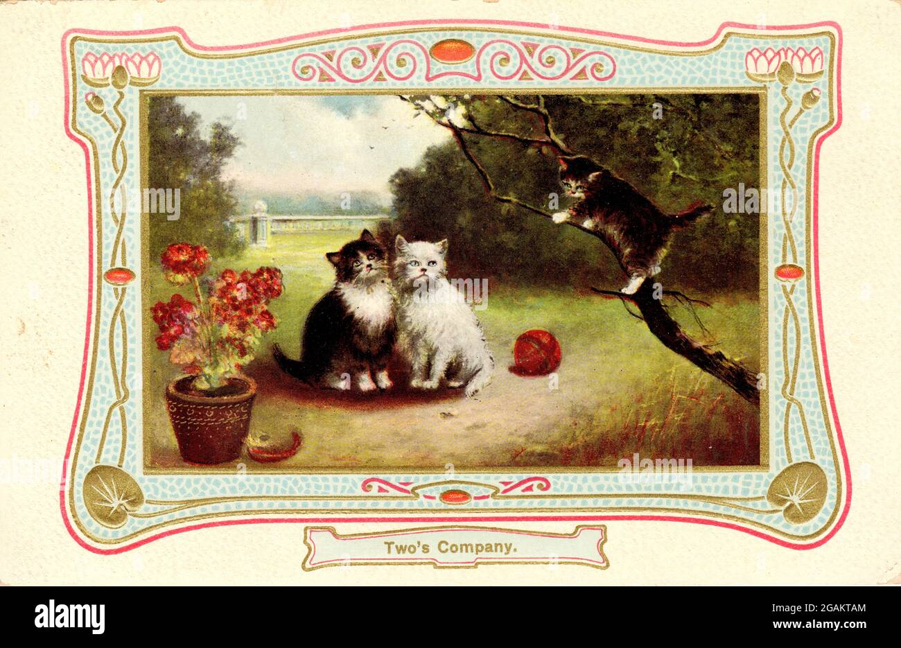 Two's Company, Katze oder Kätzchen Postkarte ca. 1910. Werbung für Quinine Pflaster. Katze steht auf einem Schwert. Patentmedizin, Quack heilt. Stockfoto