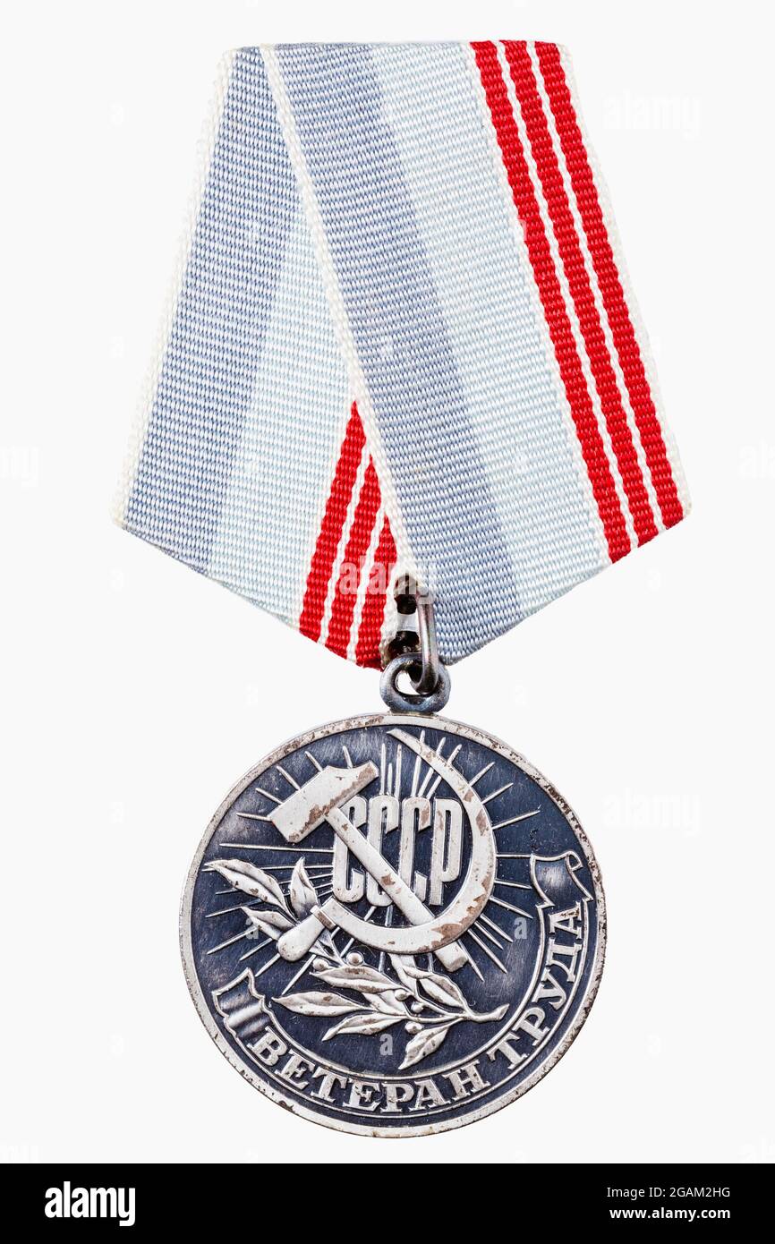 Russische Sowjetische Medaille Für Die Fleißige Arbeit Von Vielen Jahren Isoliert White Background Stockfoto