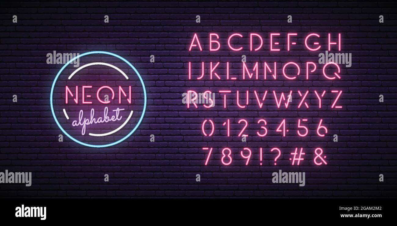 Neonpinke Schrift. Englisches Alphabet und Zahlen Zeichen. Helle Buchstaben auf dunkler Wand. Vektorvorlage. Stock Vektor
