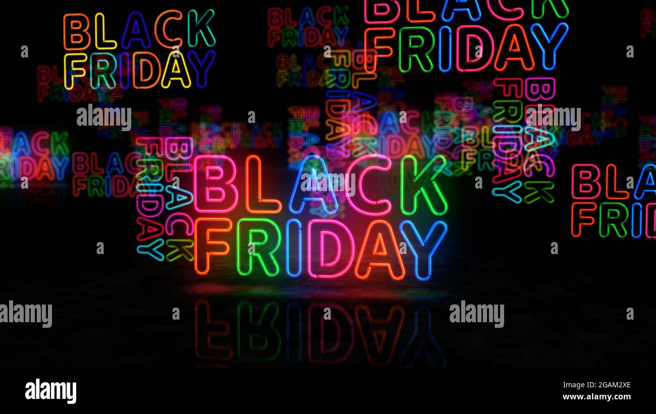 Black Friday Rabatt Neon-Symbol. Verkauf und Rabatt-Promotion Einzelhandel Glühbirnen Farbe. Abstraktes Konzept 3d-Illustration. Stockfoto