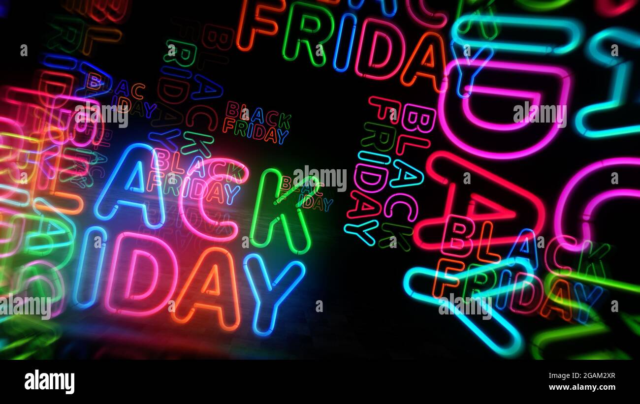 Black Friday Rabatt Neon-Symbol. Verkauf und Rabatt-Promotion Einzelhandel Glühbirnen Farbe. Abstraktes Konzept 3d-Illustration. Stockfoto