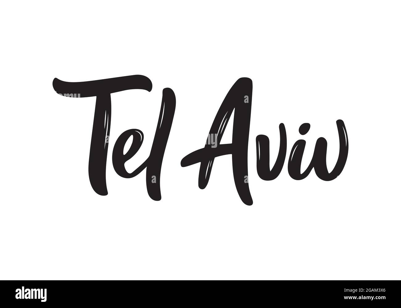 Tel Aviv handschriftliche Kalligraphie Name der israelischen Hauptstadt. Handgezeichnete Kalligraphie mit Pinsel. Vektordesign-Vorlage. Stock Vektor