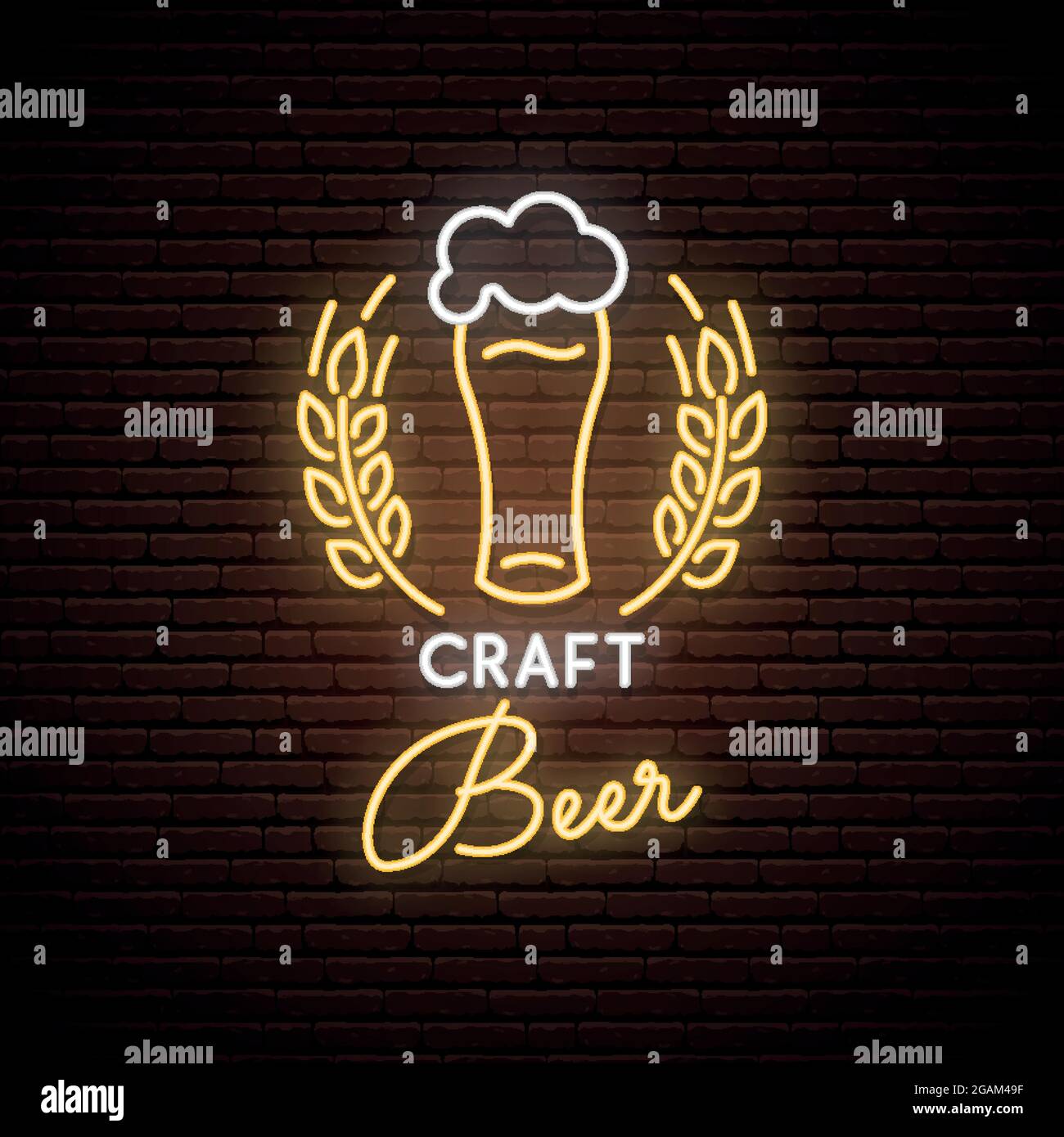 Neonzeichen von Craft Beer. Neon Pub Emblem, helles Banner. Werbedesign. Nachtlicht-Schild. Vektorgrafik. Stock Vektor