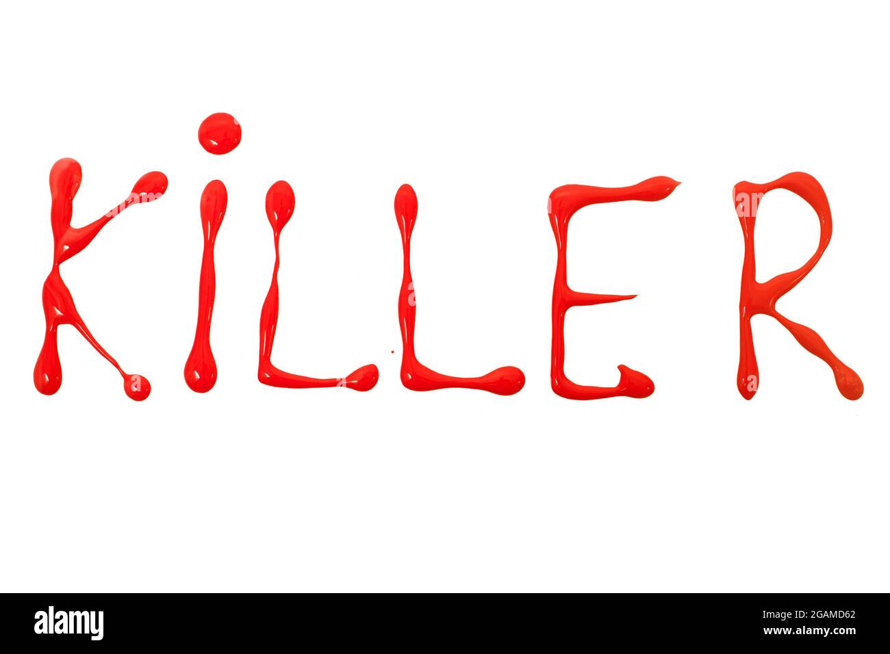 Killer Text Buchstaben Fleck Tropfen Buchstaben isoliert auf einem weißen Hintergrund. Stockfoto