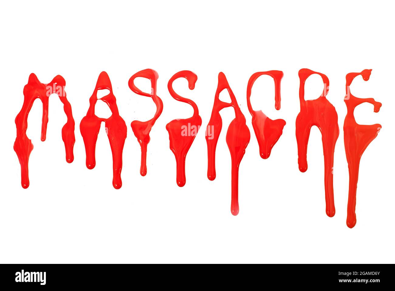 Massacre Text Buchstaben Fleck Tropfen Buchstaben isoliert auf einem weißen Hintergrund. Stockfoto