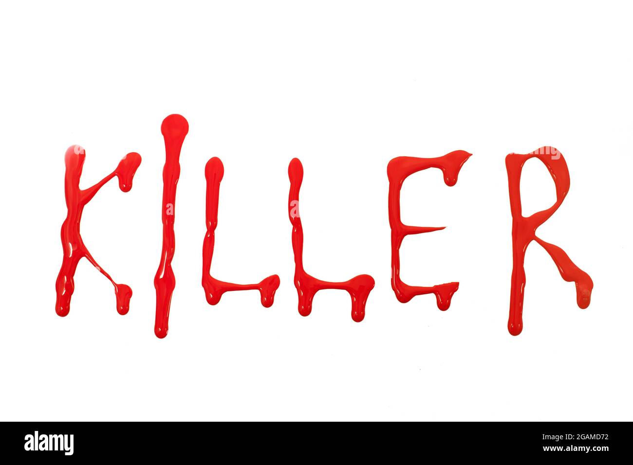 Killer Text Buchstaben Fleck Tropfen Buchstaben isoliert auf einem weißen Hintergrund. Stockfoto