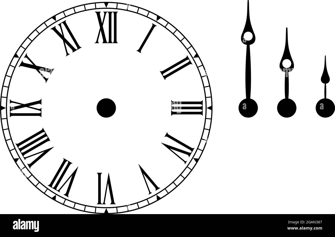 Uhr oder Zifferblatt mit römischen Zahlen isoliert weißen Hintergrund  Stunde, Minute und Sekunde Zeiger einzeln für eigene Positionierung  Stock-Vektorgrafik - Alamy