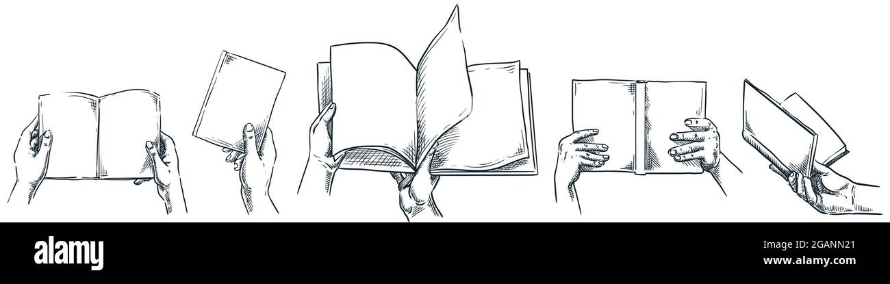 Menschliche Hände halten Papierbuch. Vektorgrafik mit handgezeichneter Skizze. Isoliertes Design für Lernen und Bildung. Menschen mit Offenheit und Nähe Stock Vektor