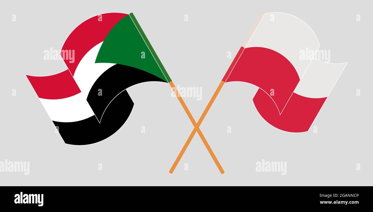 Gekreuzte und winkende Flaggen des Sudan und Polens. Vektorgrafik Stock Vektor