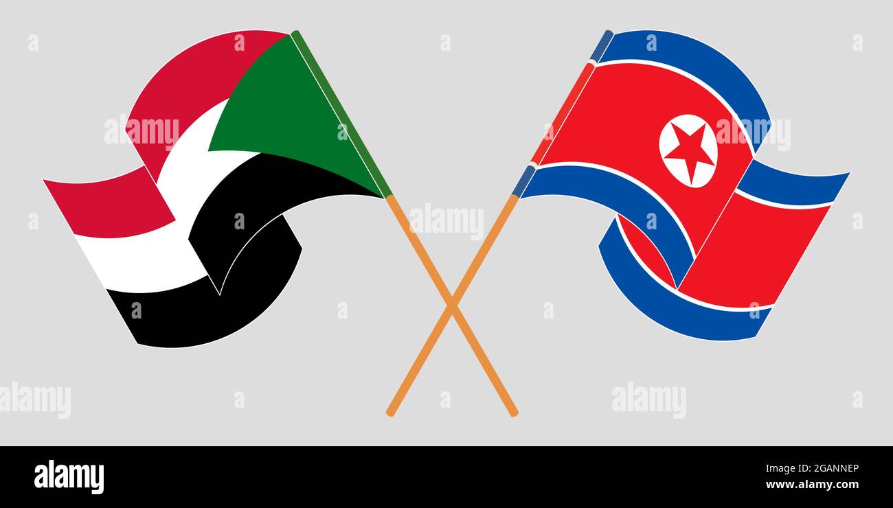 Gekreuzte und winkende Flaggen des Sudan und Nordkoreas. Vektorgrafik Stock Vektor