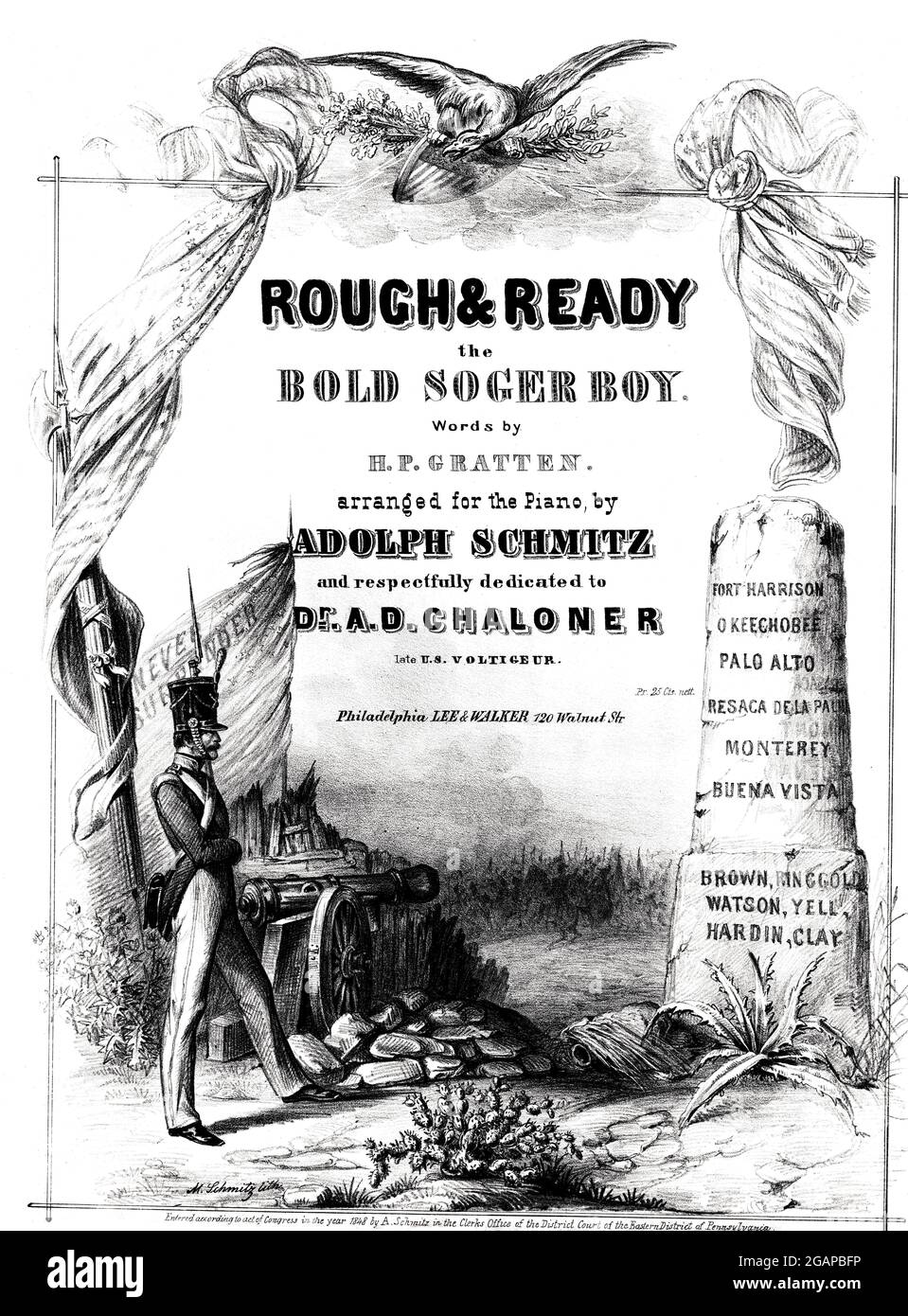 Rough & Ready oder The Bold Soger Bay, Noten von Präsident Zachary Taylor aus dem Jahr 1848. Lithographierte Kampfszene Resaca de Palma aus dem Mexikankrieg. Stockfoto