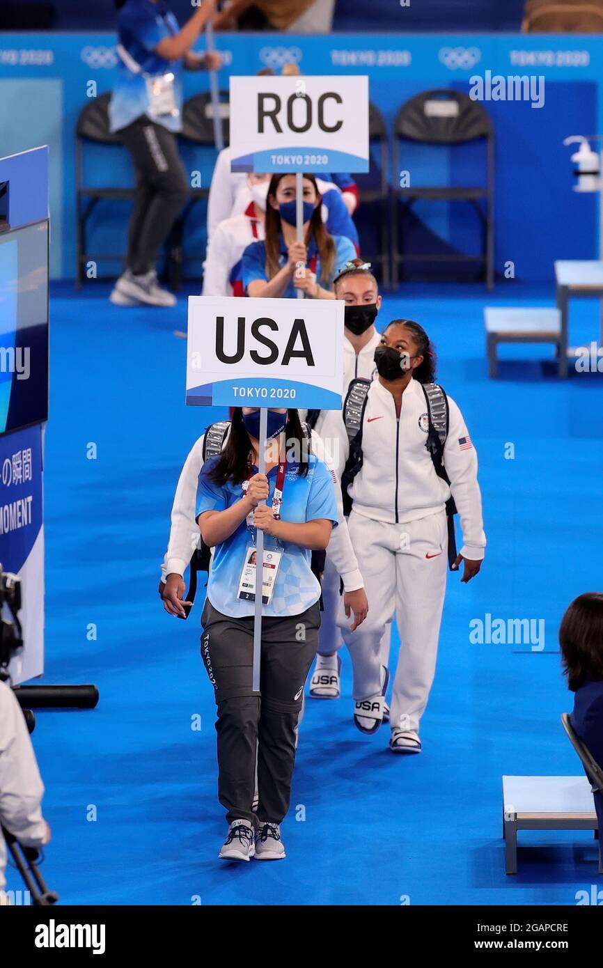Tokio, Japan, 27. Juli 2021. Team USA beim Mannschaftsfinale der Frauen im Kunstturnen am 4. Tag der Olympischen Spiele 2020 in Tokio. Quelle: Pete Dovgan/Speed Media/Alamy Live News Stockfoto