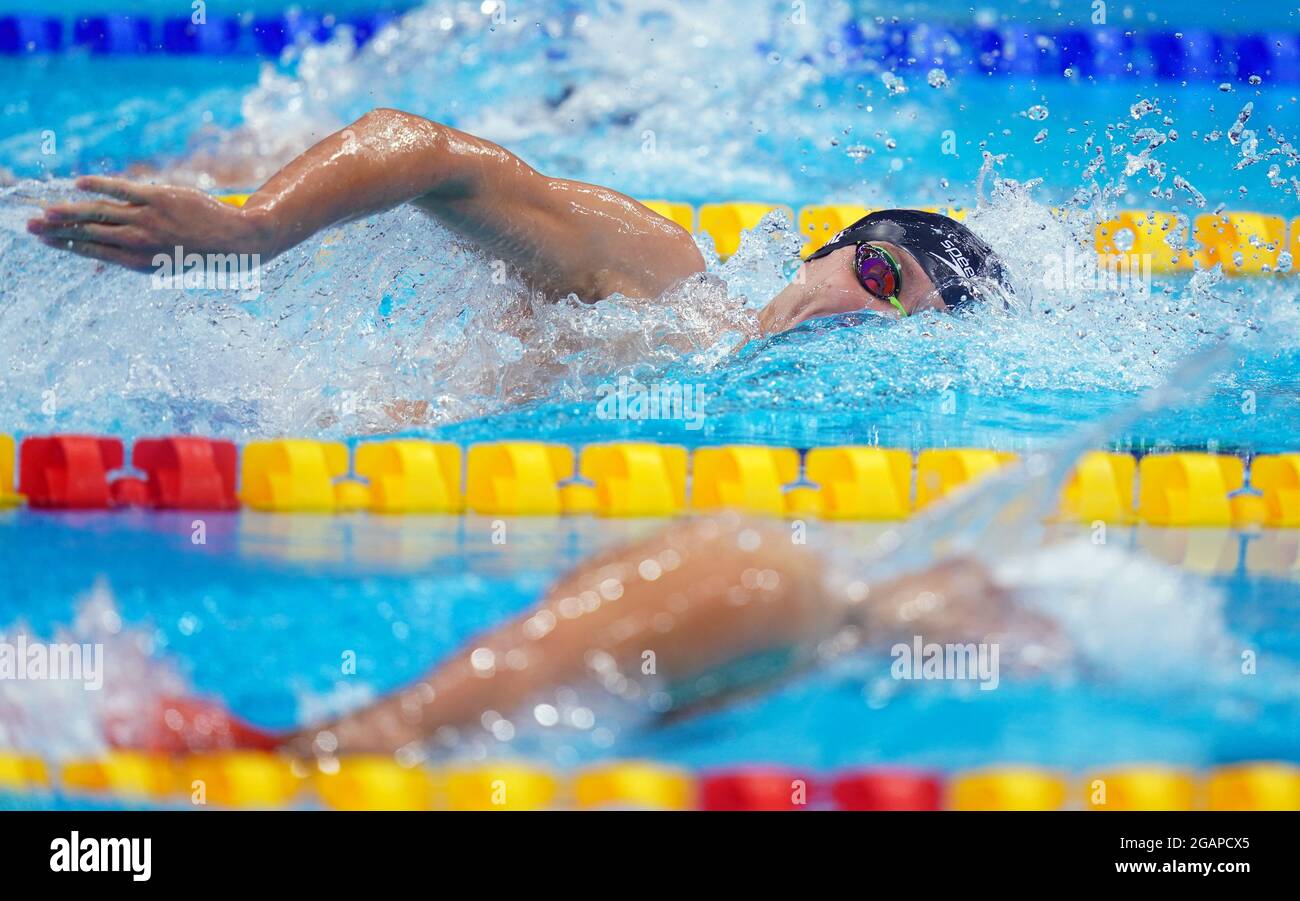 Der US-Amerikaner Robert Fink beim 1500-m-Freestyle-Finale der Männer im Tokyo Aquatics Center am neunten Tag der Olympischen Spiele 2020 in Tokio in Japan. Bilddatum: Sonntag, 1. August 2021. Stockfoto