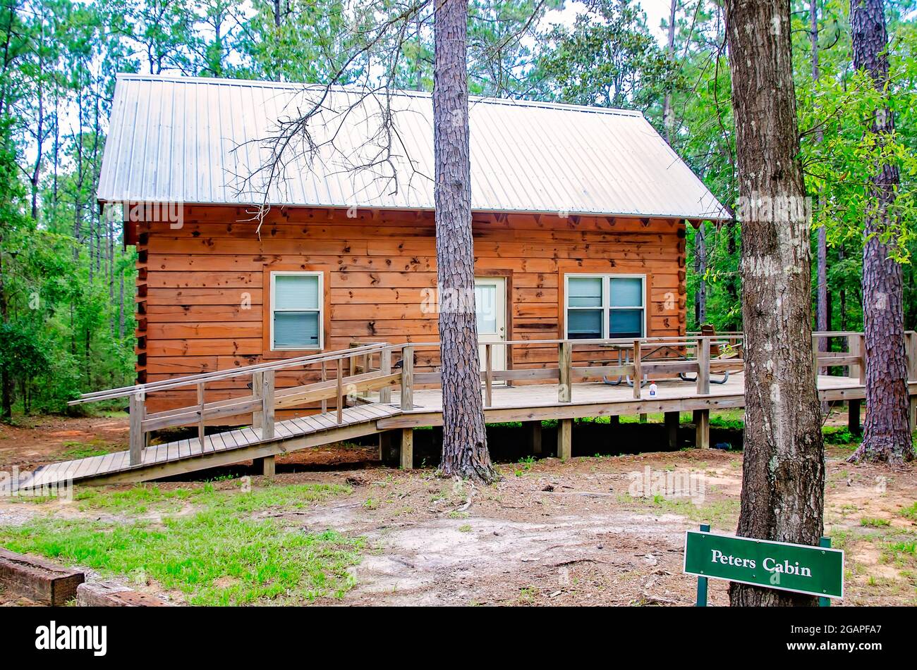 Peters Cabin ist im historischen Blakeley State Park, 26. Juni 2021, in Spanish Fort, Alabama, abgebildet. Stockfoto