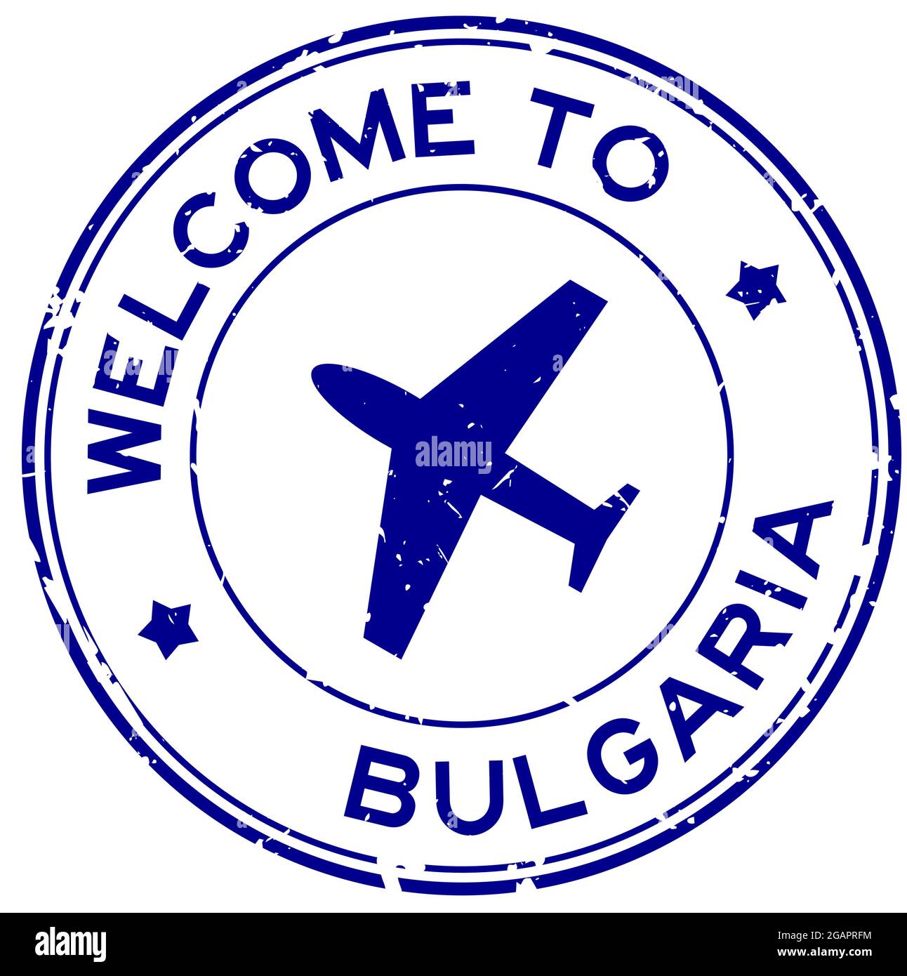 Grunge blau Willkommen in Bulgarien Wort mit Flugzeug-Symbol rund Gummi-Siegel-Stempel auf weißem Hintergrund Stock Vektor