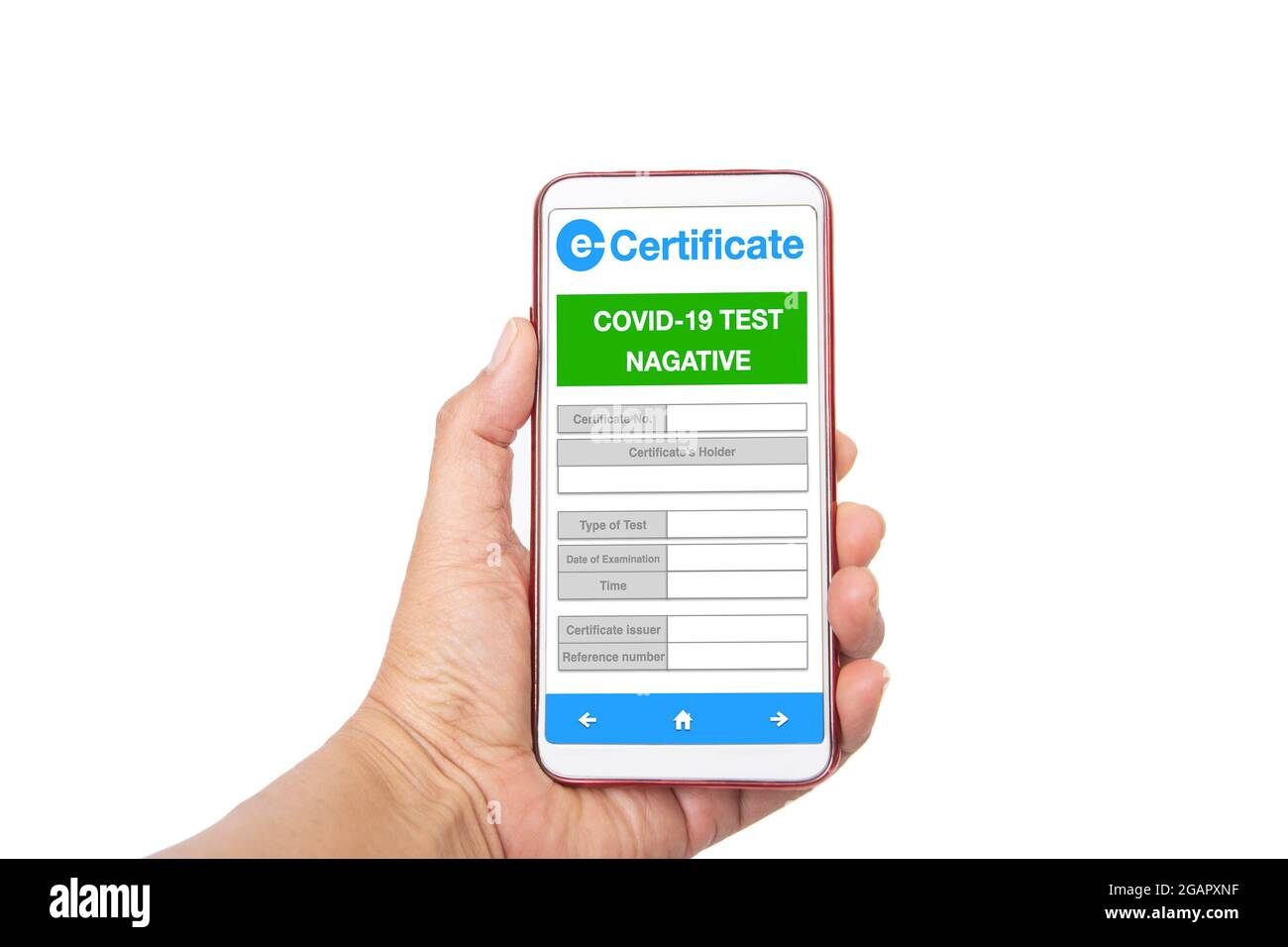 Handhaltendes Smartphone, das Covid-19 flugtauglich zeigt, elektronische ärztliche Bescheinigung für internationale Reisen auf weißem Hintergrund. Stockfoto