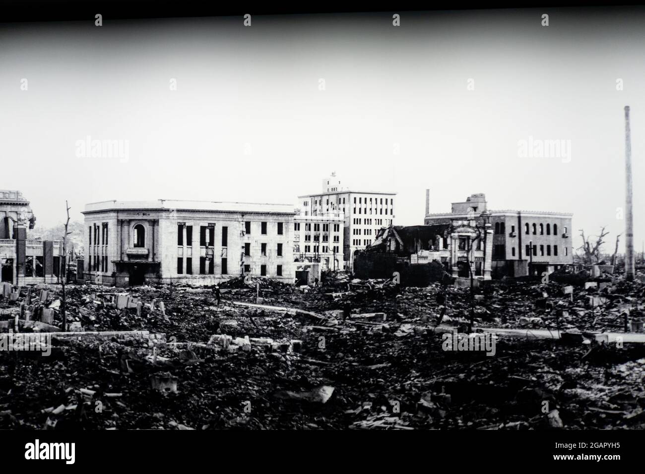 Hiroshima, Japan, 31/10/19.Foto der zerstörten Stadt Hiroshima nach dem Atombombenanschlag am 6. August 1945, Ausstellung des Friedensdenkmalmuseums von Hiroshima Stockfoto