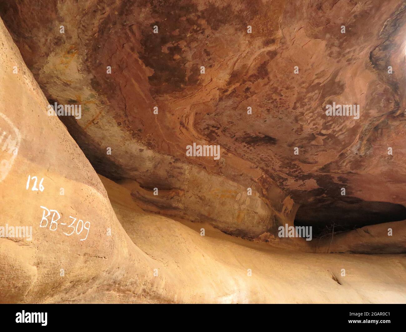Stark verwitterte Höhle mit Tierbildern (Pferd, Elefant?) In der unteren Hälfte des Rahmens, Bhimbetka Rock Shelter, Madhya Pradesh, Indien Stockfoto